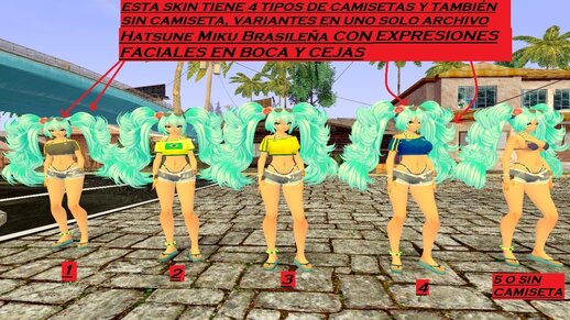 Hatsune Miku Brasileña o Brazilian Miku CON EXPRESIONES FACIALES EN BOCA Y CEJAS con Variantes 4 camisetas y sin camiseta