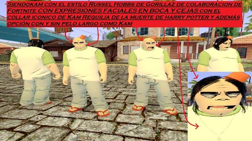 Siendokam con el estilo Russel Hobbs de Gorillaz de colaboración de Fortnite CON EXPRESIONES FACIALES EN BOCA Y CEJAS con el collar icónico de Kam Requilia de la muerte de harry potter y Pelo largo y Sin Pelo también todo en uno